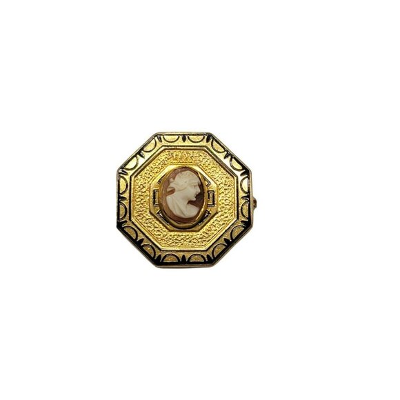 Victorian Taille d 'Epargne Enamel Gold Filled Cameo Pin Mourning Jewelry - Picture 3 of 5